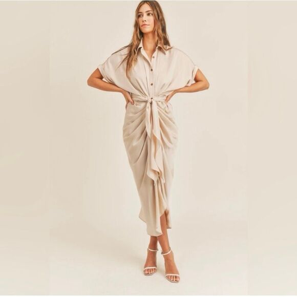 Mable Midi Dress Short Sleeve Button Down Tie Waist Size Medium - Picture 7 of 8